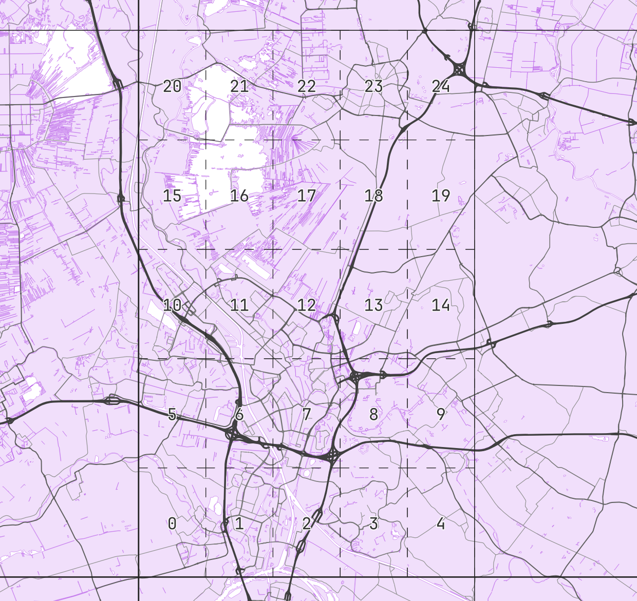 A map of the Netherlands showing a 0.25°x0.25° grid on top of it