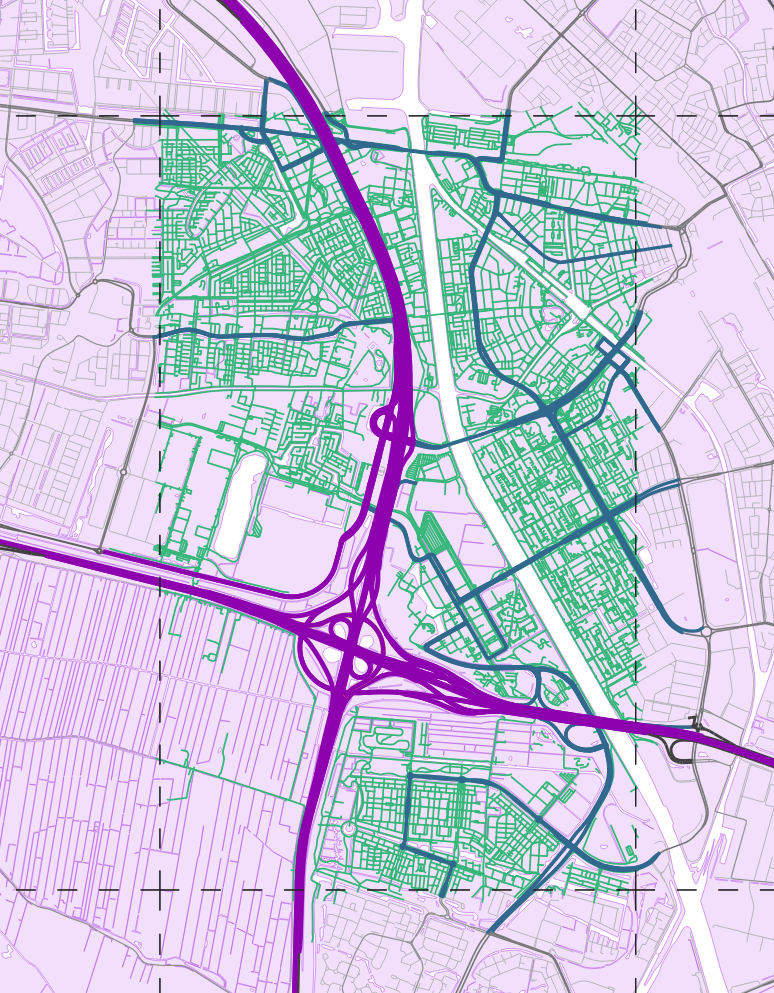 A map showing a southern part of Utrecht, with all edges within a bin square colored according to their hierarchy level