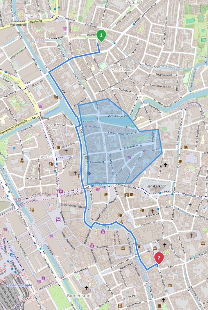 A map showing a route avoiding a drawn area.