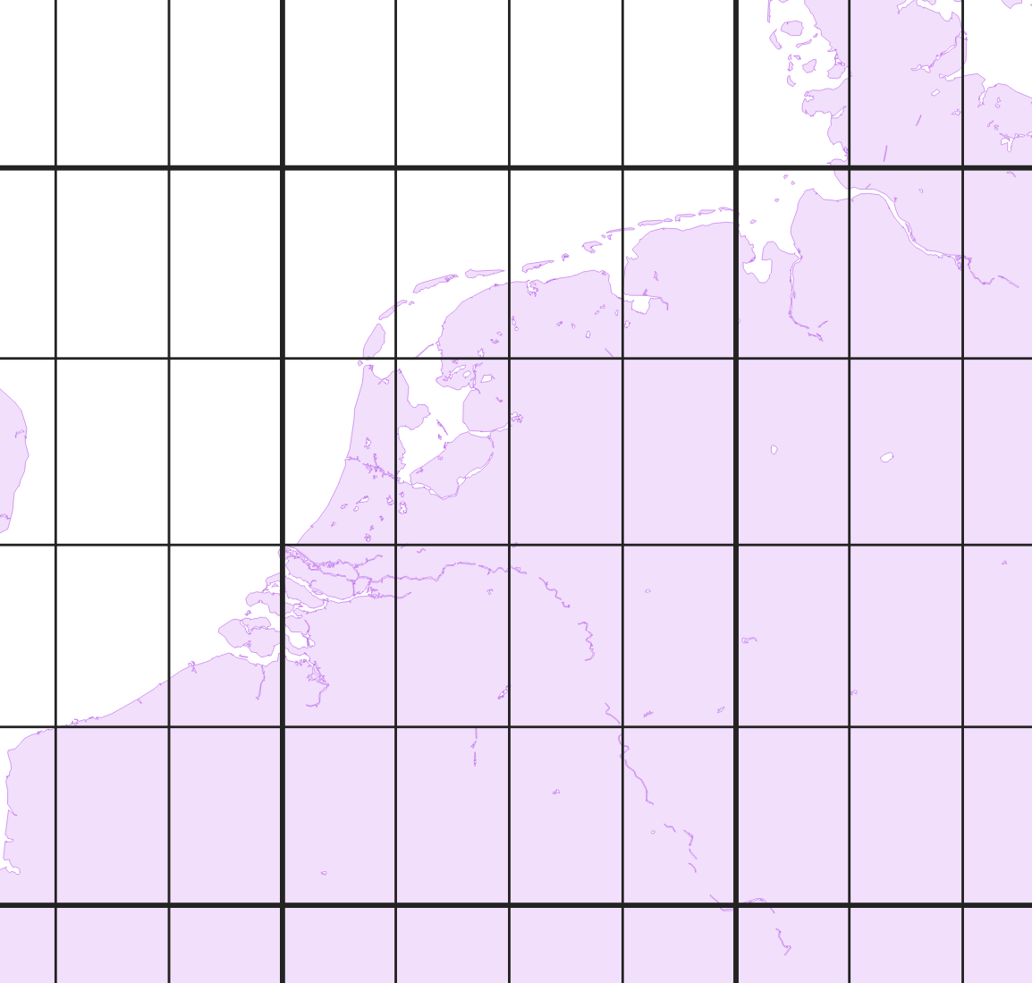 A map of the Netherlands showing a 1°x1° grid on top of it