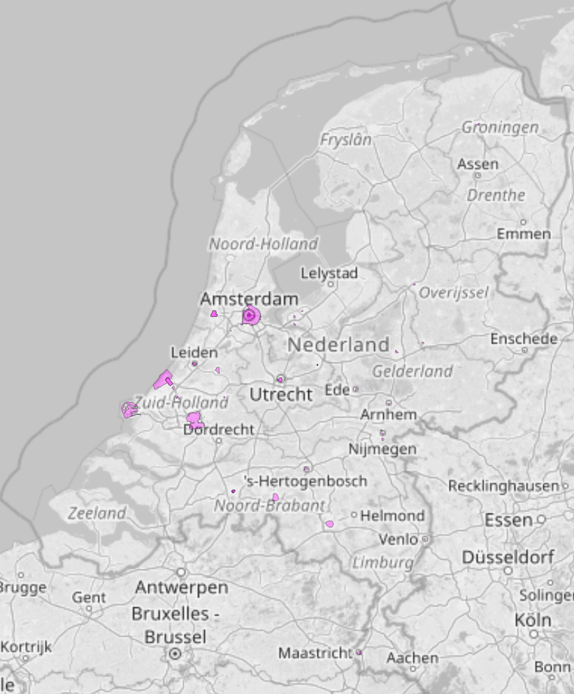 A map showing the low emission zones across all Dutch cities. Smaller ones that are barely recognizable include Groningen, Maastricht, Zwolle and many more.
