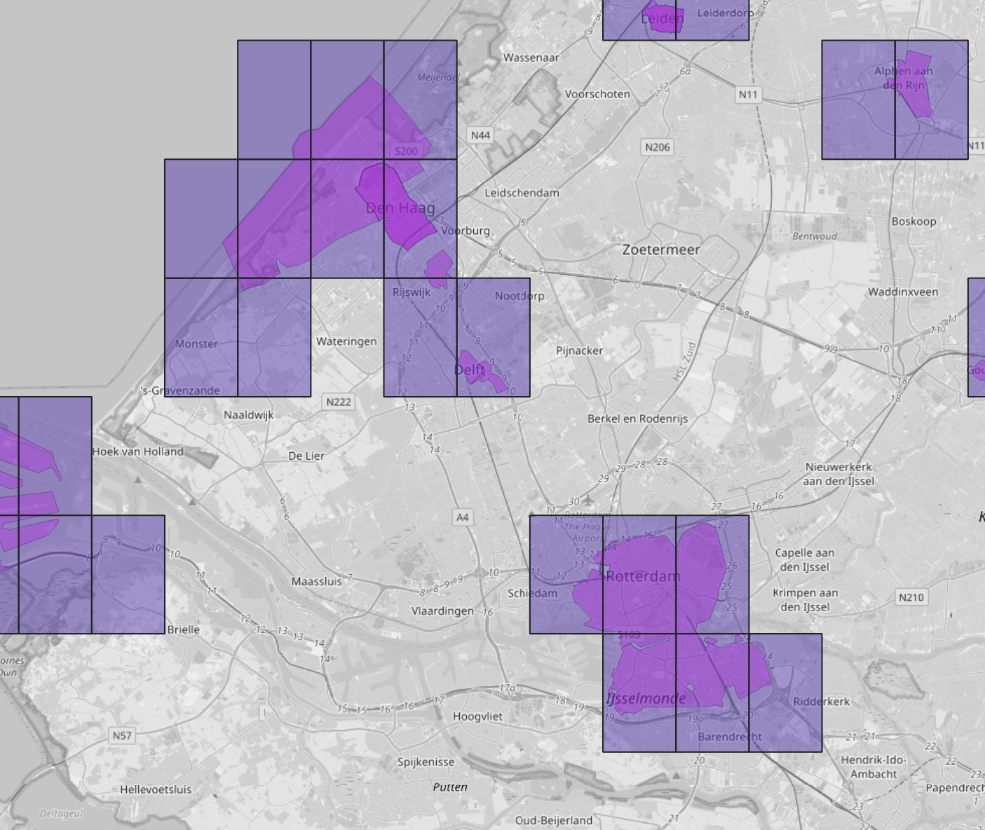 A map showing Valhalla's 0.05x0.05° bins that intersect Den Haag and Rotterdam.