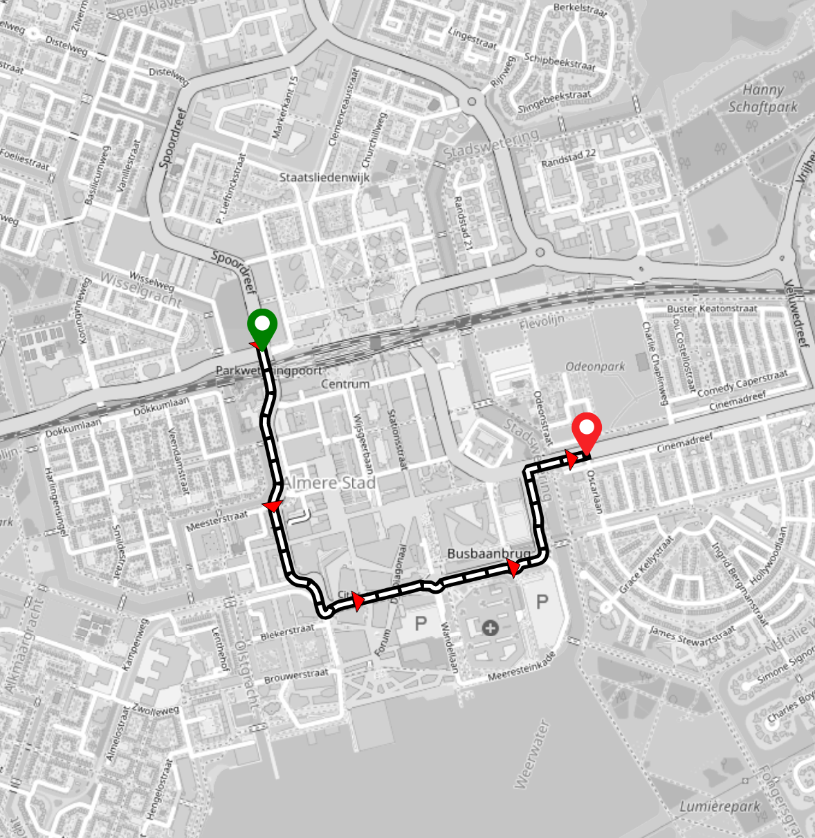 A map showing a route between two points crossing Almere's city center.