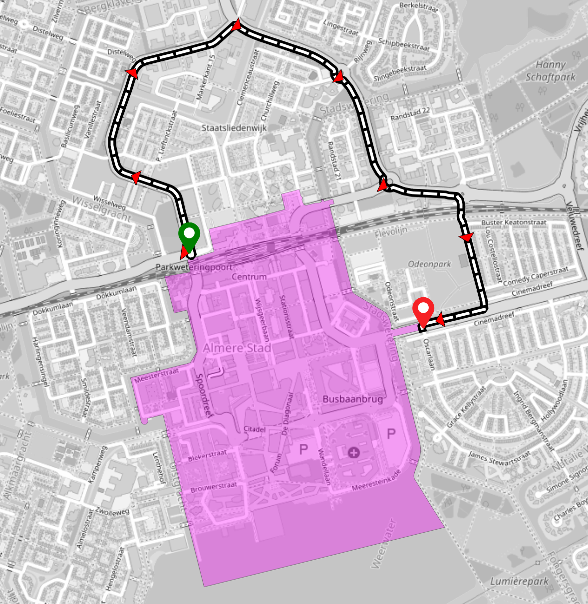 A map showing a route between two points avoiding Almere's city center and the low emission zone.